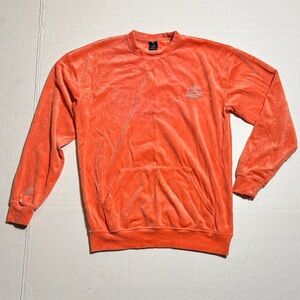 FLAN LABS Orange Crewneck Velour Sweatshirt Blue Embroidered Logo Oversized SM